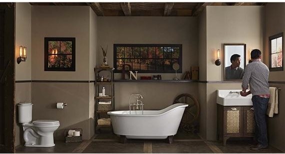 フィラデルフィアにあるトラディショナルスタイルのおしゃれな浴室 (置き型浴槽、分離型トイレ、壁付け型シンク) の写真