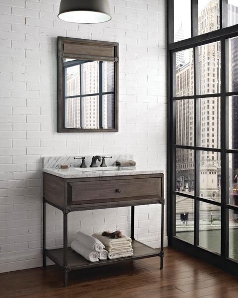 Ejemplo de cuarto de baño industrial con armarios abiertos, puertas de armario de madera oscura y lavabo bajoencimera
