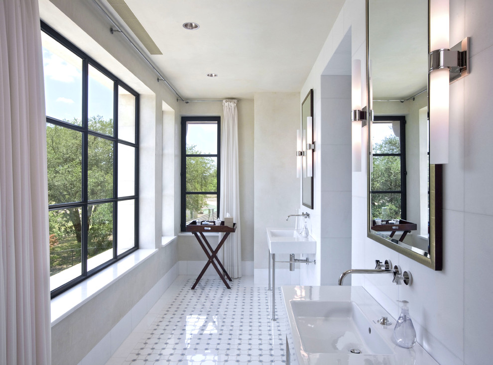 Large contemporary ensuite bathroom in Austin with grey tiles, white tiles, white walls and a pedestal sink.