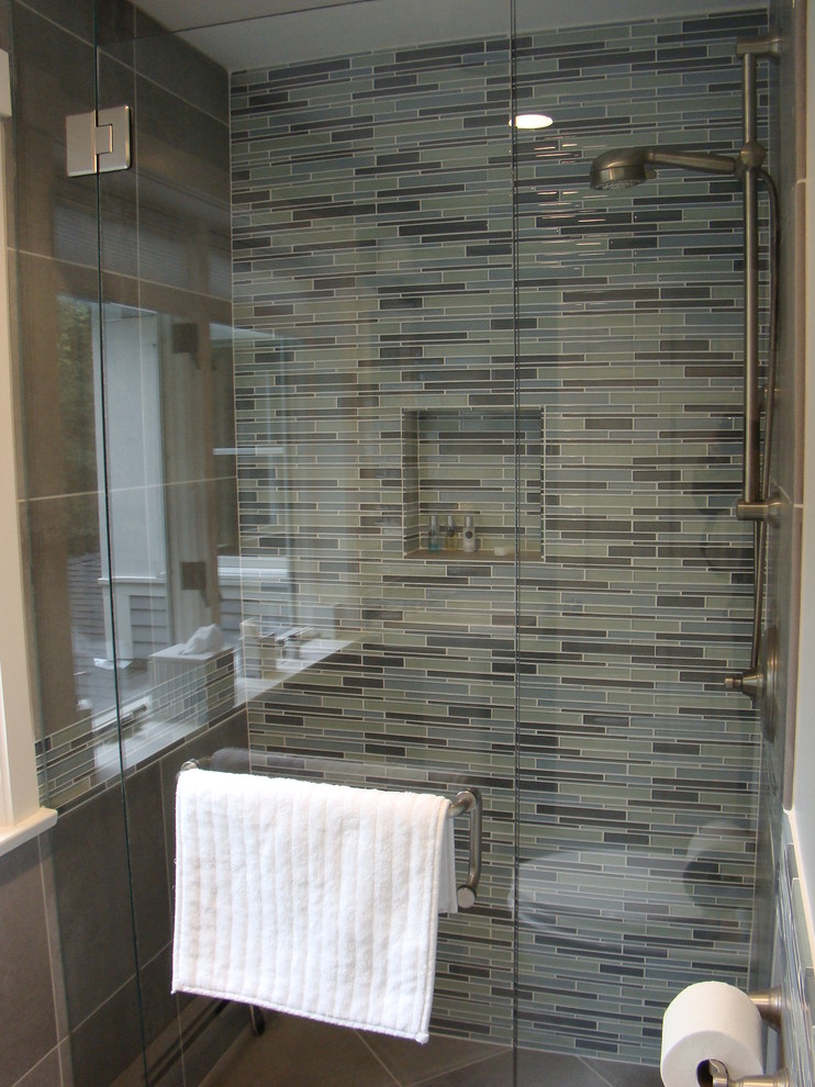 Example of a small trendy 3/4 multicolored tile and glass tile porcelain tile walk-in shower design in Portland Maine with a pedestal sink, a wall-mount toilet and blue walls