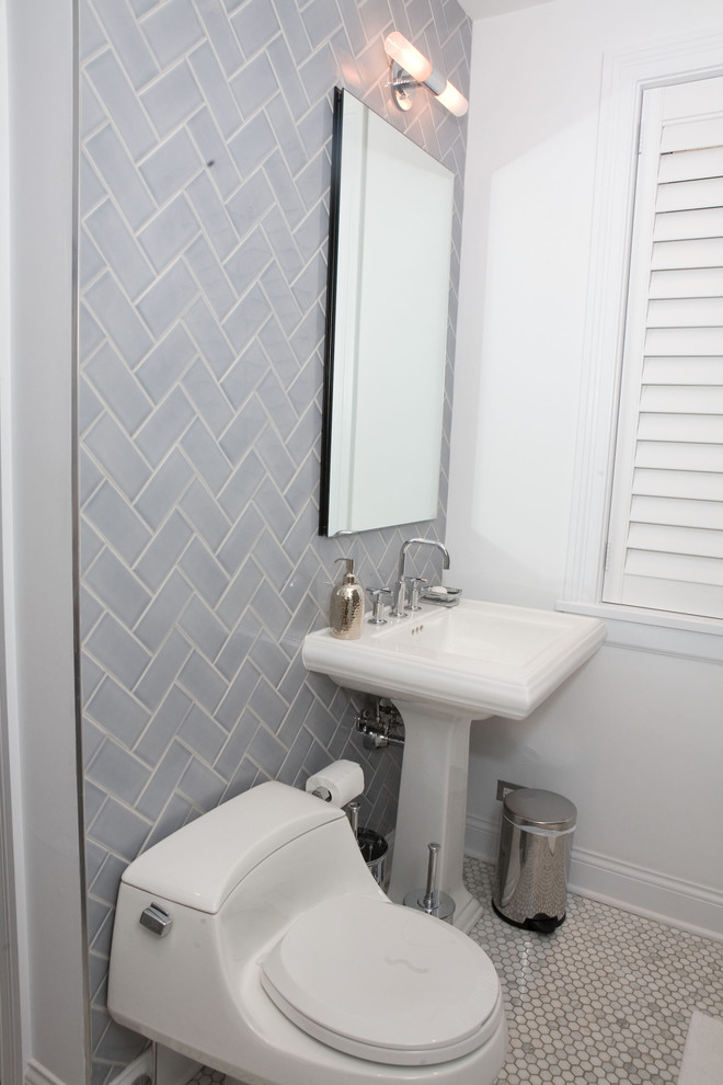 Inspiration for a small timeless 3/4 blue tile and subway tile mosaic tile floor alcove bathtub remodel in Chicago with a one-piece toilet, white walls and a pedestal sink