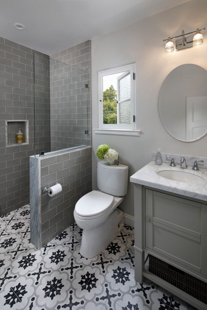 Design ideas for a traditional bathroom in San Francisco with shaker cabinets, metro tiles, ceramic flooring and a submerged sink.