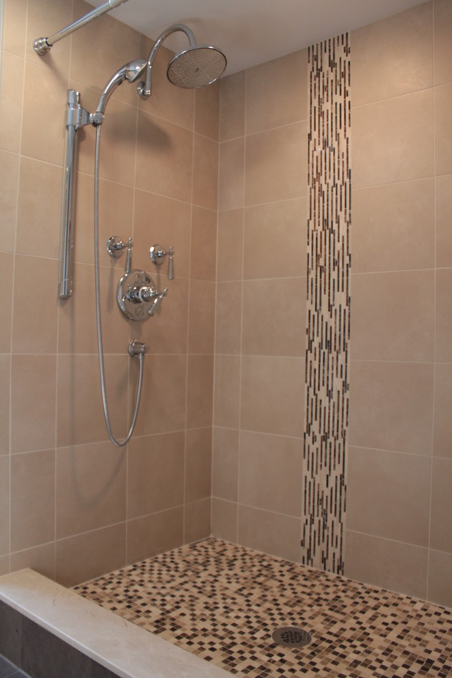 Example of a mid-sized classic master multicolored tile and porcelain tile mosaic tile floor doorless shower design in Boston