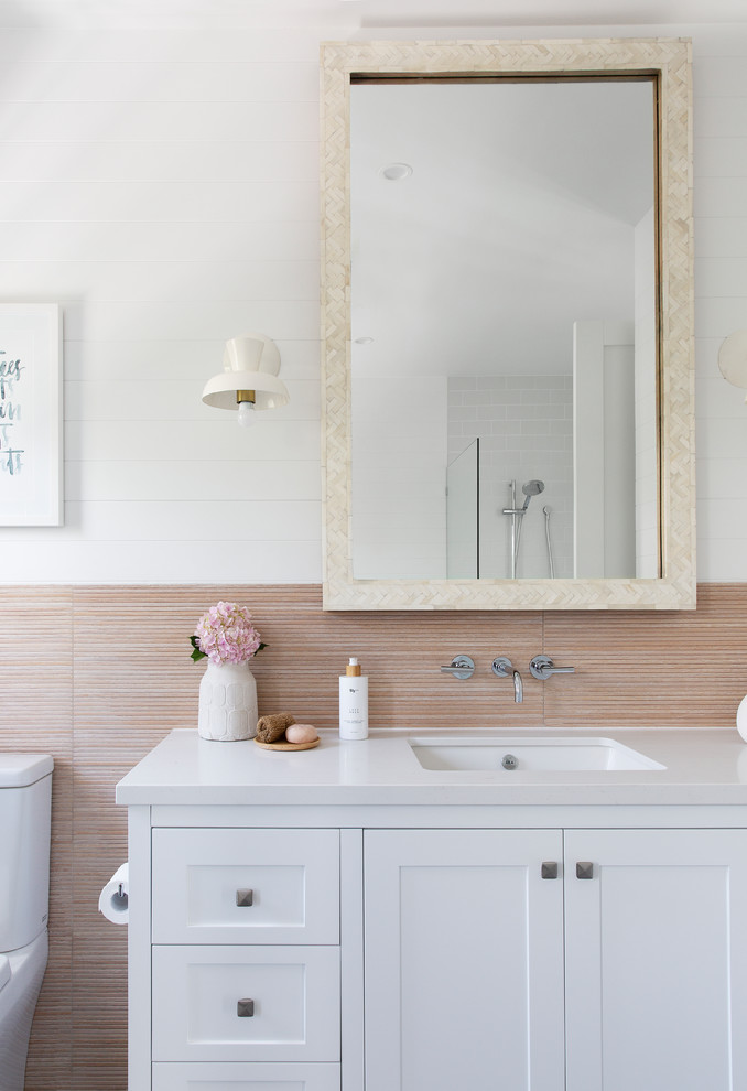 Large beach style gray tile and porcelain tile cement tile floor and blue floor bathroom photo in Gold Coast - Tweed with shaker cabinets, white cabinets, a wall-mount toilet, white walls, an undermount sink, quartz countertops, a hinged shower door and white countertops