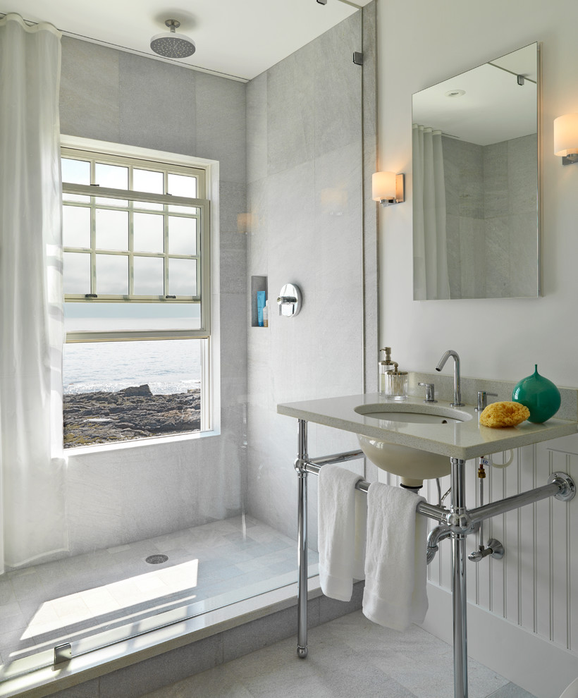 Inspiration for a contemporary bathroom remodel in Boston with a console sink