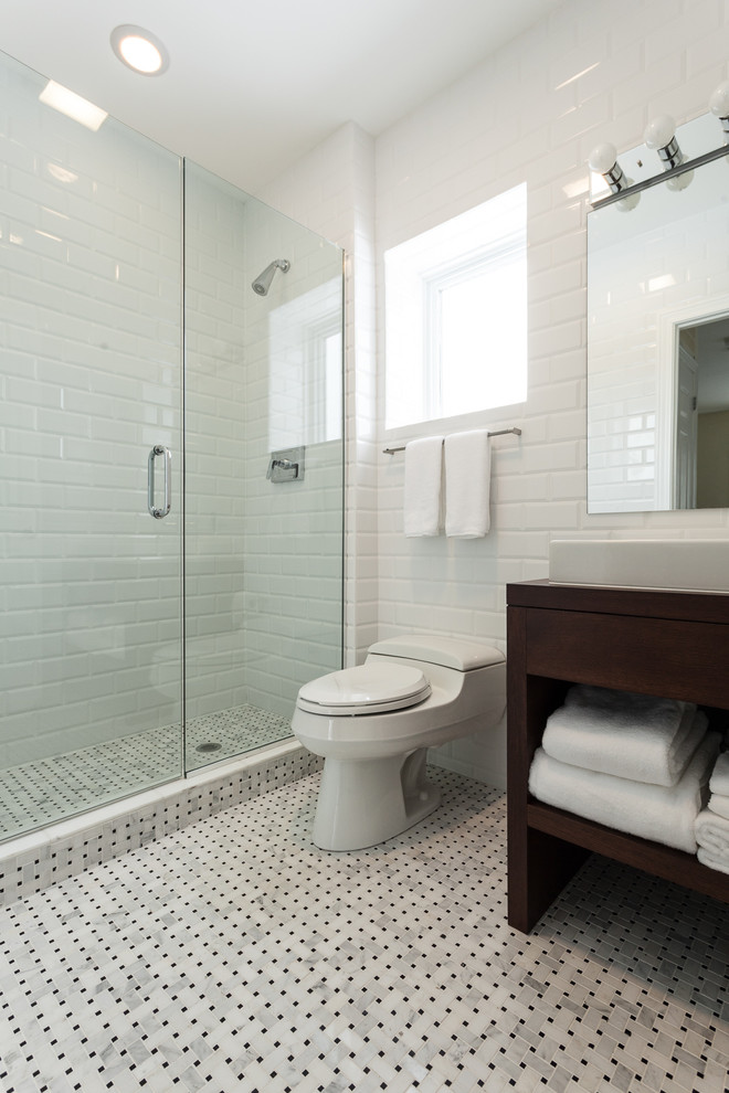 Inspiration for a medium sized contemporary shower room bathroom in Chicago with dark wood cabinets, wooden worktops, mosaic tiles, open cabinets, an alcove shower, a one-piece toilet, white tiles, white walls, ceramic flooring, a vessel sink, white floors and a hinged door.