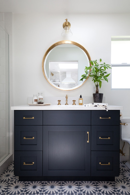 Navy Sophistication: Bathroom Storage Ideas with White Countertop and Cement Floor