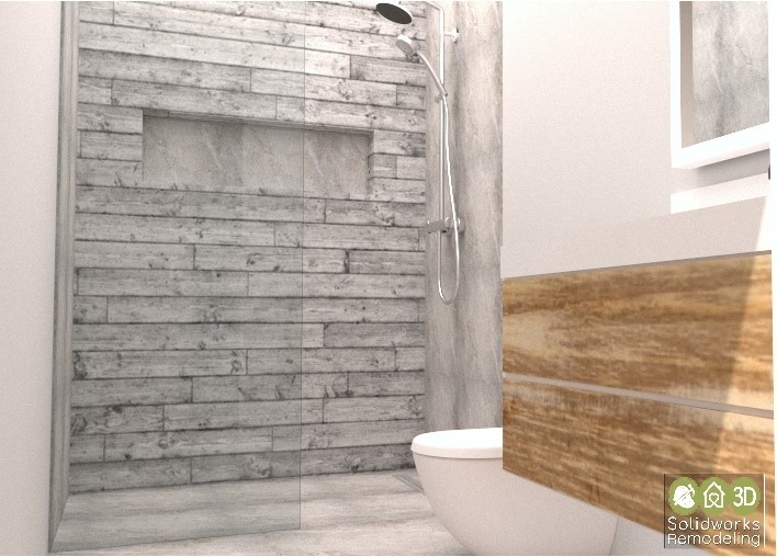 Inspiration for a nautical shower room bathroom in Los Angeles with flat-panel cabinets, light wood cabinets, a walk-in shower, a wall mounted toilet, grey tiles, porcelain tiles, beige walls, porcelain flooring, a built-in sink, tiled worktops, grey floors, an open shower and yellow worktops.