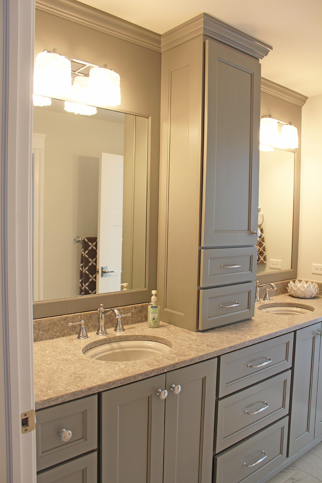 Medium sized contemporary family bathroom in Chicago with recessed-panel cabinets, grey cabinets, white tiles, white walls, ceramic flooring, a built-in sink, granite worktops and beige worktops.