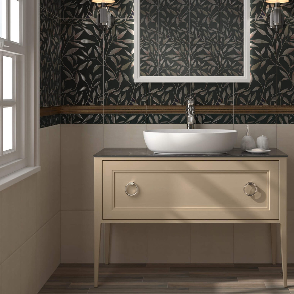 Inspiration for a mid-sized ceramic tile porcelain tile and beige floor bathroom remodel in Manchester with black walls
