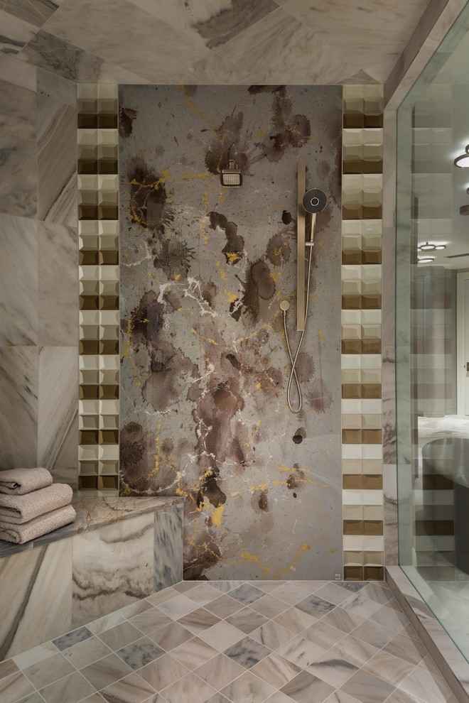 Design ideas for a large contemporary ensuite bathroom in Miami with flat-panel cabinets, grey cabinets, a corner shower, multi-coloured tiles, glass tiles, grey walls, marble flooring, a built-in sink, granite worktops, multi-coloured floors, a hinged door and multi-coloured worktops.