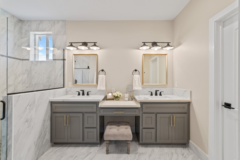 Design ideas for a medium sized classic ensuite bathroom in Sacramento with shaker cabinets, grey cabinets, a shower/bath combination, white tiles, beige walls, ceramic flooring, a submerged sink, quartz worktops, a shower curtain, white worktops, a shower bench, double sinks and a built in vanity unit.