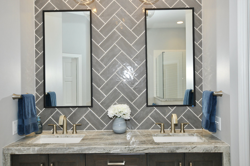 Large minimalist master gray tile and ceramic tile ceramic tile, beige floor and double-sink bathroom photo in Indianapolis with shaker cabinets, black cabinets, a two-piece toilet, white walls, an undermount sink, marble countertops, a hinged shower door, gray countertops and a floating vanity