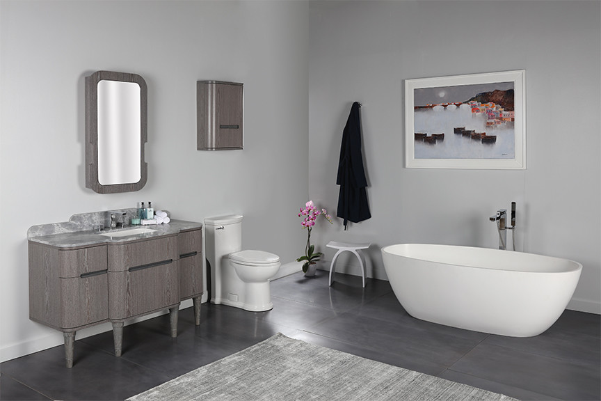 Immagine di una stanza da bagno padronale minimalista di medie dimensioni con consolle stile comò, ante in legno scuro, WC monopezzo, pareti grigie, parquet scuro, lavabo sottopiano, top in marmo, pavimento grigio e top grigio