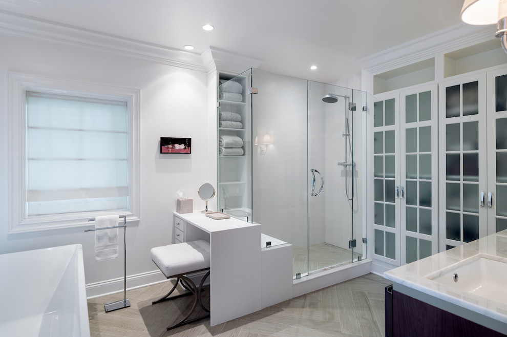 Example of a mid-sized eclectic master gray tile and porcelain tile porcelain tile bathroom design in Philadelphia with flat-panel cabinets, dark wood cabinets, a one-piece toilet, white walls, an undermount sink and marble countertops