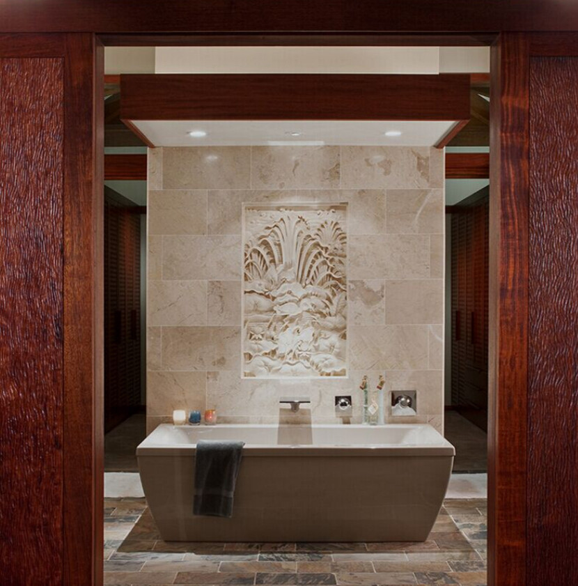 Example of a mid-sized master yellow tile and stone tile mosaic tile floor doorless shower design in Other with a console sink, flat-panel cabinets, white cabinets, quartz countertops, a hot tub, a one-piece toilet and white walls
