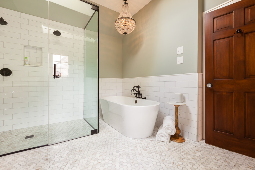 Example of a large eclectic master white tile and porcelain tile marble floor and green floor bathroom design in Chicago with flat-panel cabinets, medium tone wood cabinets, green walls, an undermount sink, quartz countertops, a hinged shower door and white countertops