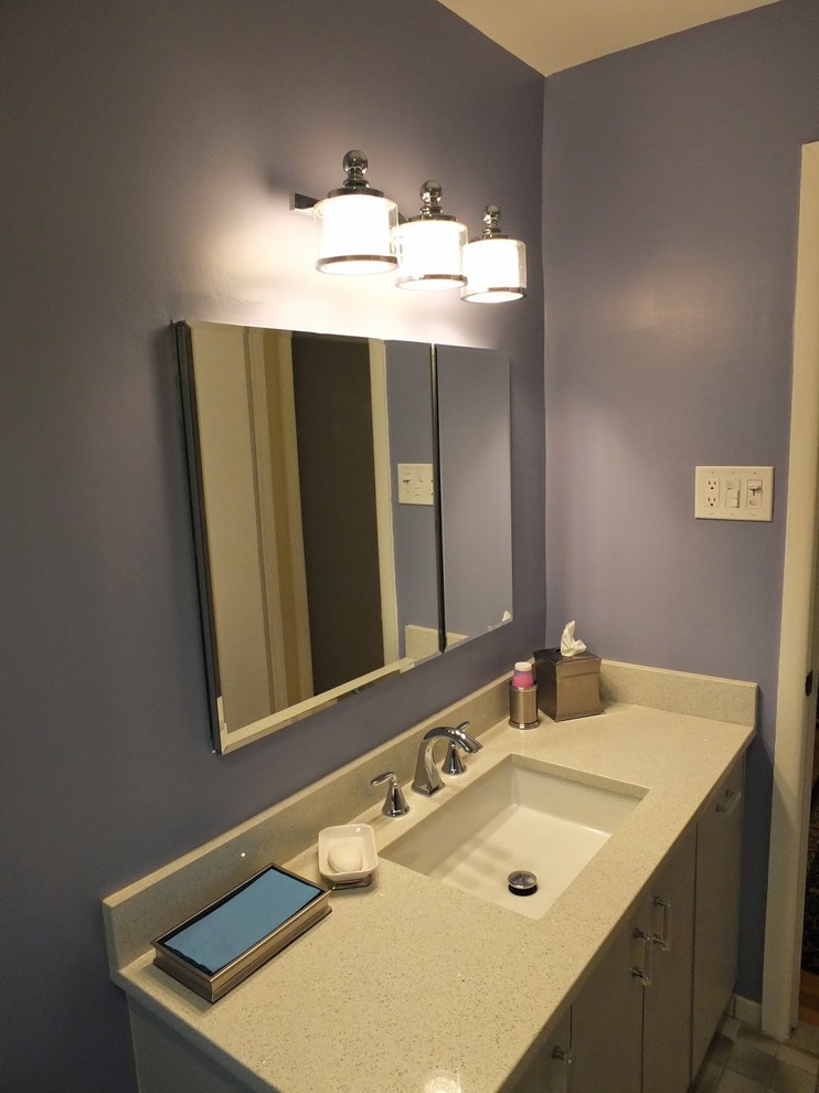 Bathroom - mid-sized transitional kids' gray tile and ceramic tile ceramic tile bathroom idea in New York with an undermount sink, flat-panel cabinets, white cabinets, quartz countertops, a one-piece toilet and purple walls