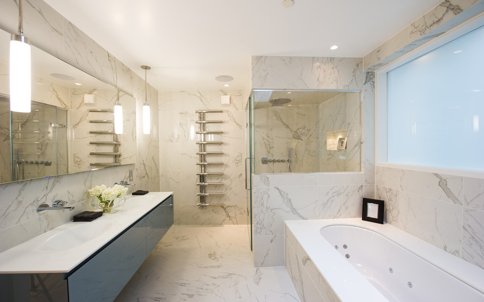 Example of a large minimalist master white tile and porcelain tile porcelain tile and white floor bathroom design in London with white walls, a trough sink and a hinged shower door