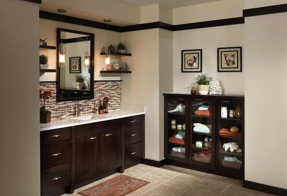 Bathroom - mid-sized contemporary 3/4 beige tile, brown tile, gray tile and matchstick tile ceramic tile bathroom idea in Chicago with shaker cabinets, dark wood cabinets, a two-piece toilet, beige walls, an undermount sink and quartz countertops