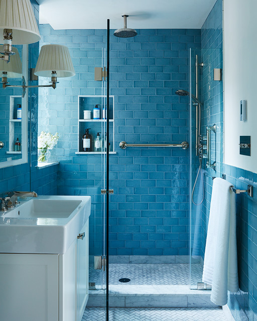 Hand Painted Ceramic Blue Tile - Transitional - Bathroom - New York ...