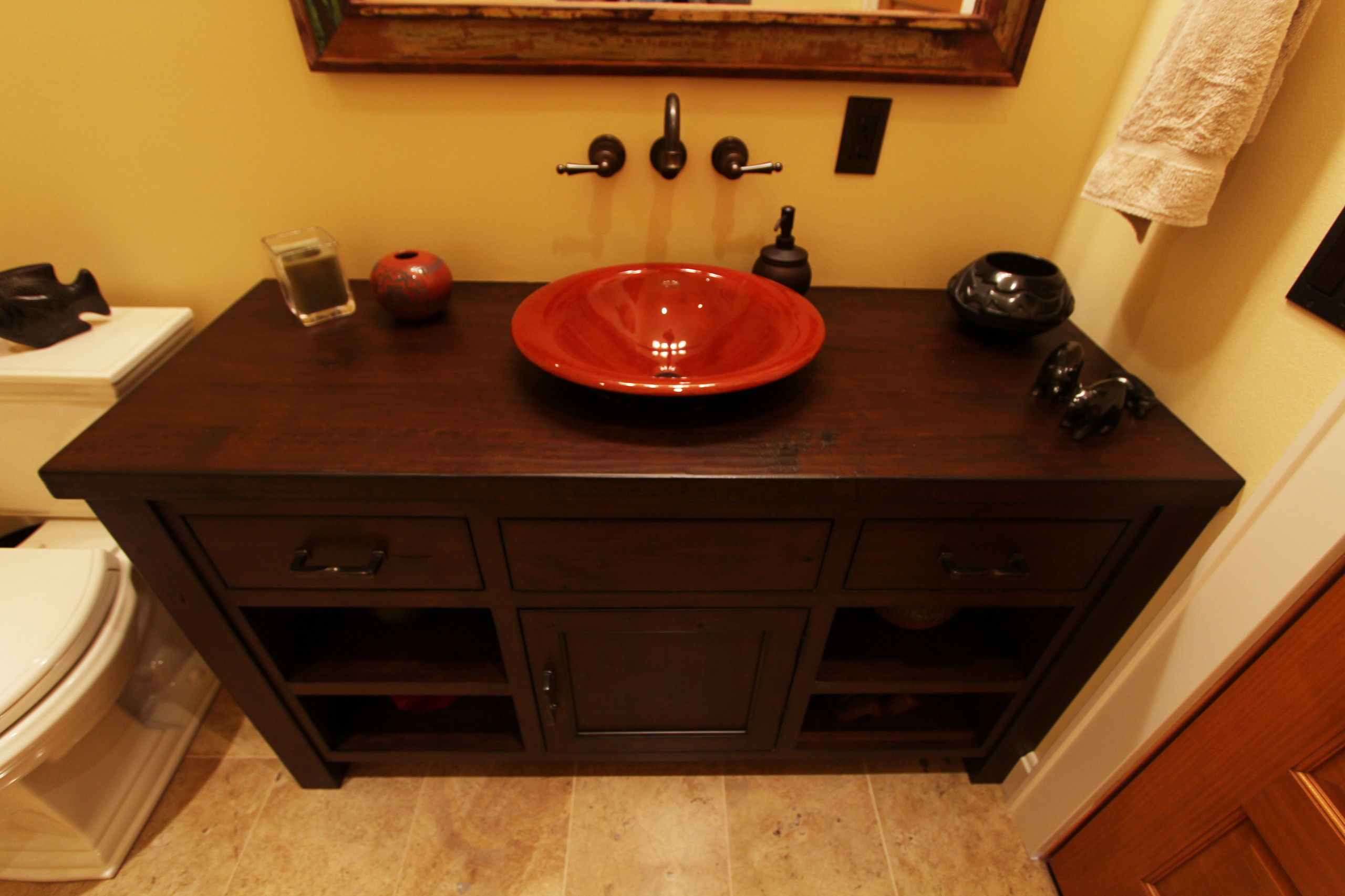 Hand Scraped Wood Top On Furniture Looking Vanity Made Out Of Knotty Alder Farmhouse Bathroom Other By Denise Quade Design Houzz