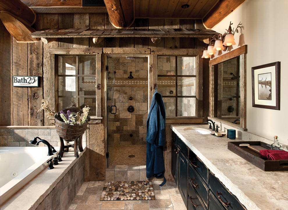 Inspiration for a rustic bathroom in Boise with a built-in bath and feature lighting.