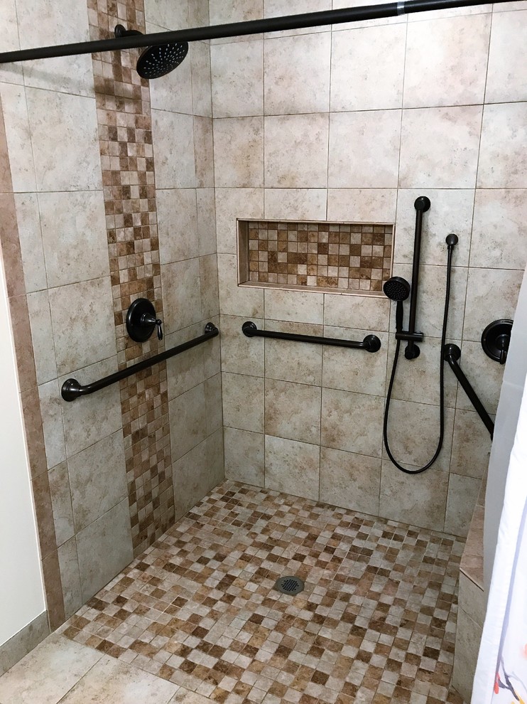Mid-sized elegant beige tile and ceramic tile ceramic tile and beige floor bathroom photo in Atlanta with beige walls