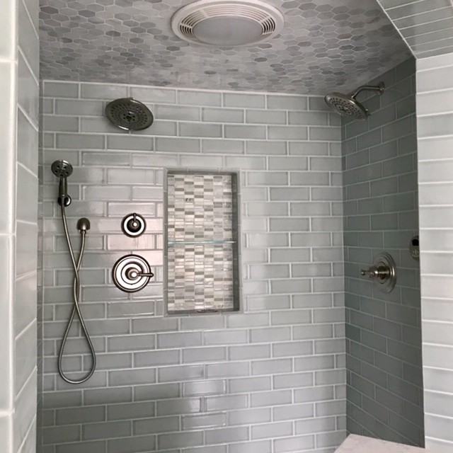 Handmade Gray Subway Tile Shower with Recessed Shelf Traditional