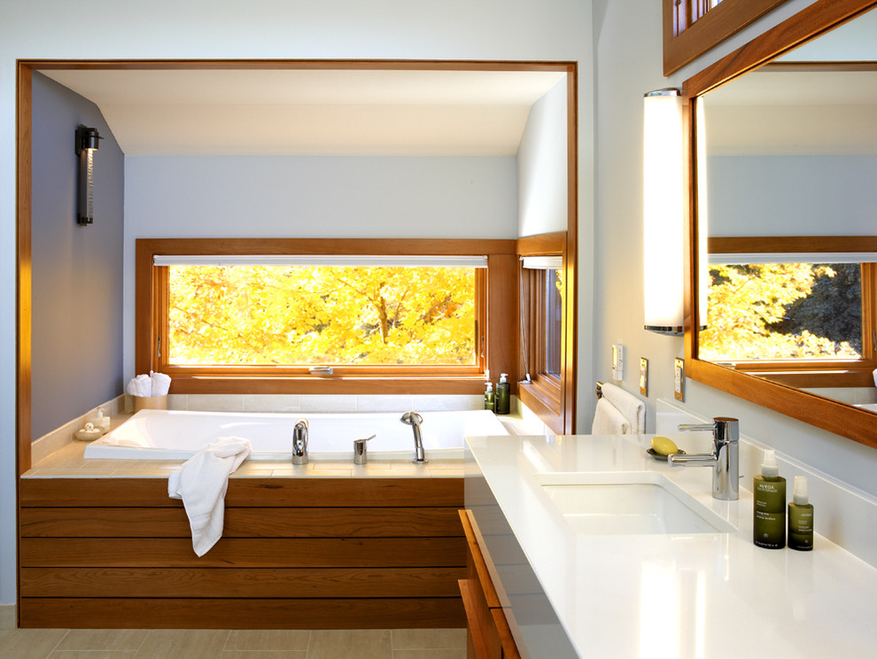 ミネアポリスにある高級な中くらいなモダンスタイルのおしゃれな浴室 (アンダーカウンター洗面器、中間色木目調キャビネット、ドロップイン型浴槽、照明) の写真