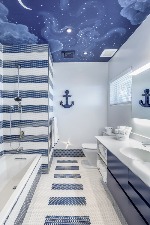 Whimsical Seascape: Blue and White Kids Bathroom with Sky Painted Ceiling for Beach Bathroom Inspirations