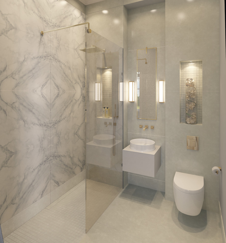 Esempio di una stanza da bagno moderna di medie dimensioni con piastrelle bianche, pareti bianche e top in marmo