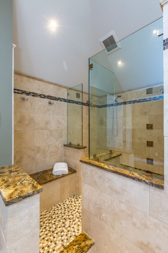 This is an example of a medium sized classic ensuite bathroom in Philadelphia with beige cabinets, a walk-in shower, green tiles, ceramic tiles, green walls, ceramic flooring, granite worktops, beige floors and beige worktops.