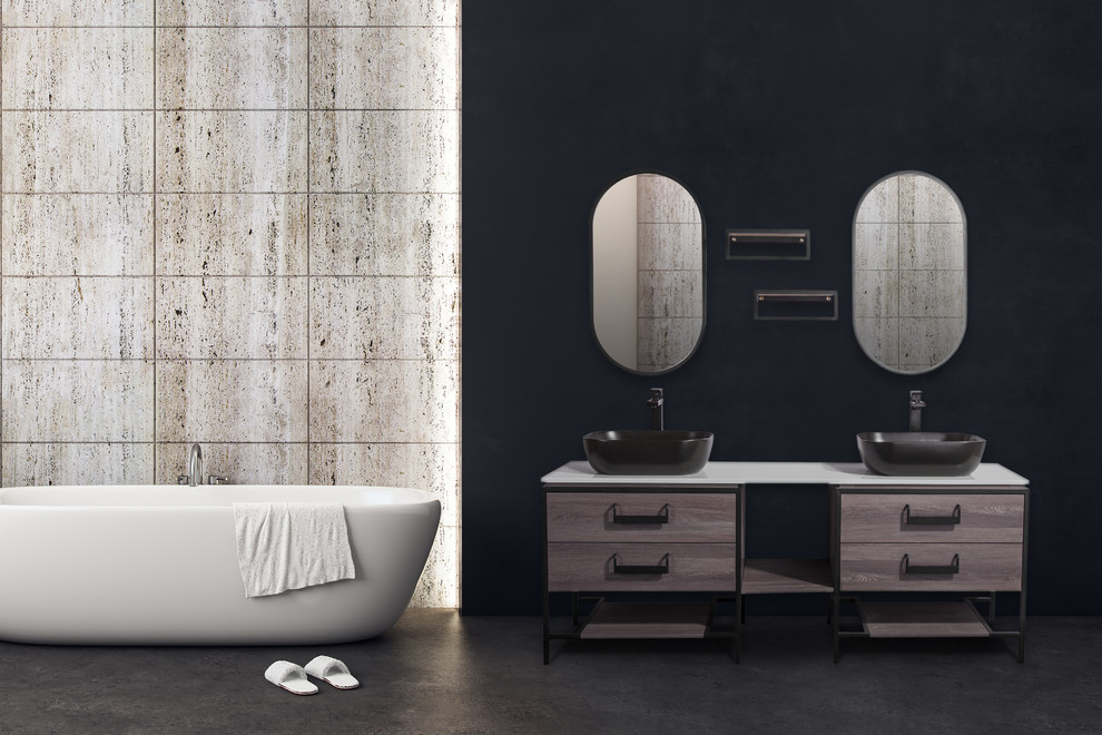 Exemple d'une salle de bain industrielle en bois brun avec un placard à porte plane, une vasque, un plan de toilette en surface solide et un plan de toilette blanc.