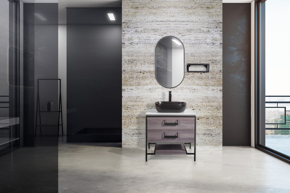 This is an example of an industrial bathroom in Miami with flat-panel cabinets, medium wood cabinets, a vessel sink, solid surface worktops and white worktops.