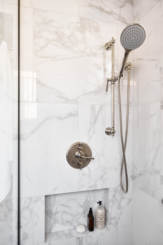 Inspiration for a mid-sized transitional 3/4 gray tile and porcelain tile alcove shower remodel in Vancouver with shaker cabinets, gray cabinets, gray walls, quartz countertops, a hinged shower door and white countertops