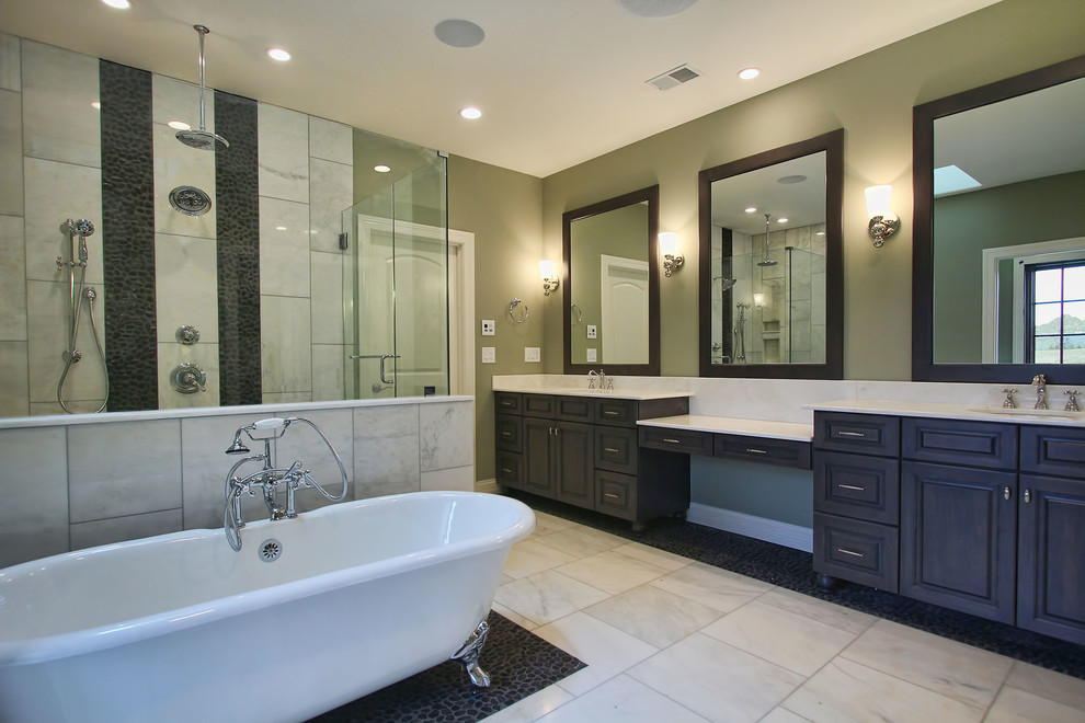 Example of a large classic master beige tile and ceramic tile marble floor bathroom design in Louisville with an integrated sink, raised-panel cabinets, dark wood cabinets, marble countertops, a two-piece toilet and gray walls