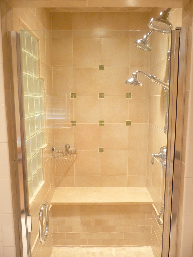 Photo of a small classic ensuite bathroom in Boston with an alcove shower, beige tiles, porcelain tiles and porcelain flooring.