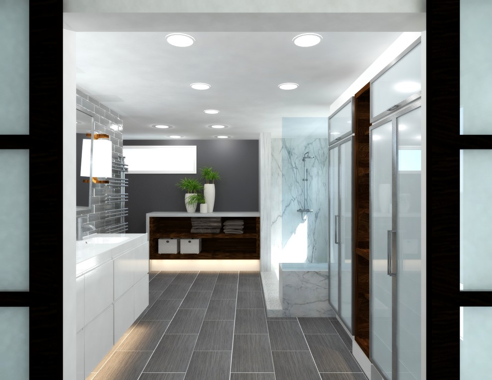 Großes Modernes Badezimmer En Suite mit integriertem Waschbecken, flächenbündigen Schrankfronten, weißen Schränken, Quarzit-Waschtisch, offener Dusche, Wandtoilette mit Spülkasten, weißen Fliesen, Steinfliesen, grauer Wandfarbe und Porzellan-Bodenfliesen in Denver