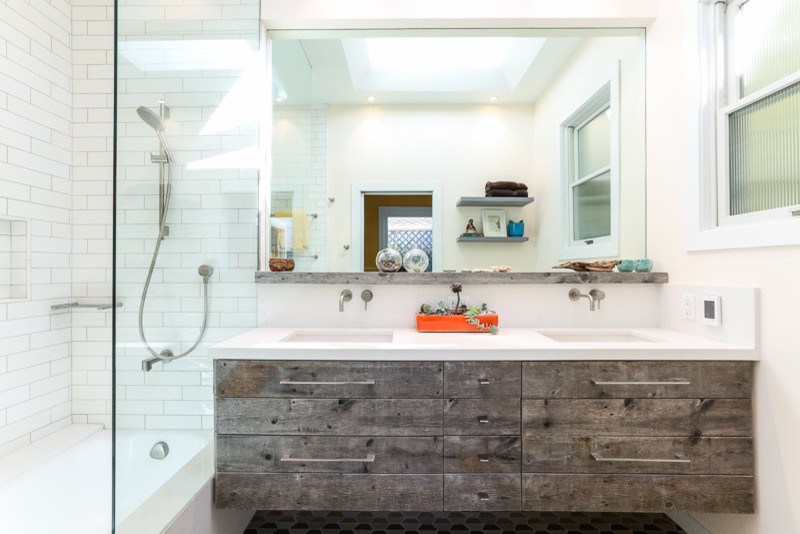 Bathroom - small contemporary kids' ceramic tile bathroom idea in San Francisco with a wall-mount toilet, an undermount sink and quartz countertops