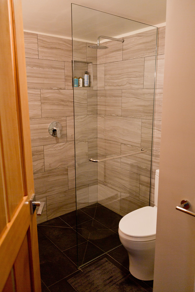 Design ideas for a small modern shower room bathroom in Portland with flat-panel cabinets, dark wood cabinets, a built-in shower, a two-piece toilet, grey tiles, porcelain tiles, grey walls, porcelain flooring, a submerged sink, concrete worktops, black floors, an open shower and black worktops.