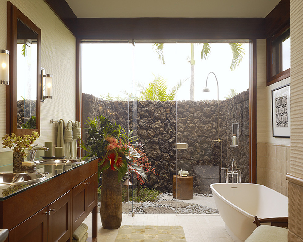Island style freestanding bathtub photo in Hawaii