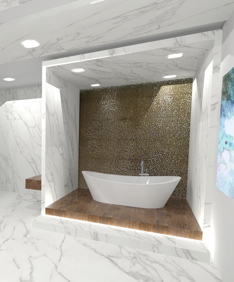 Idee per una grande stanza da bagno padronale contemporanea con consolle stile comò, vasca freestanding, doccia aperta, pistrelle in bianco e nero, piastrelle di marmo, pavimento in marmo, top in marmo e doccia aperta