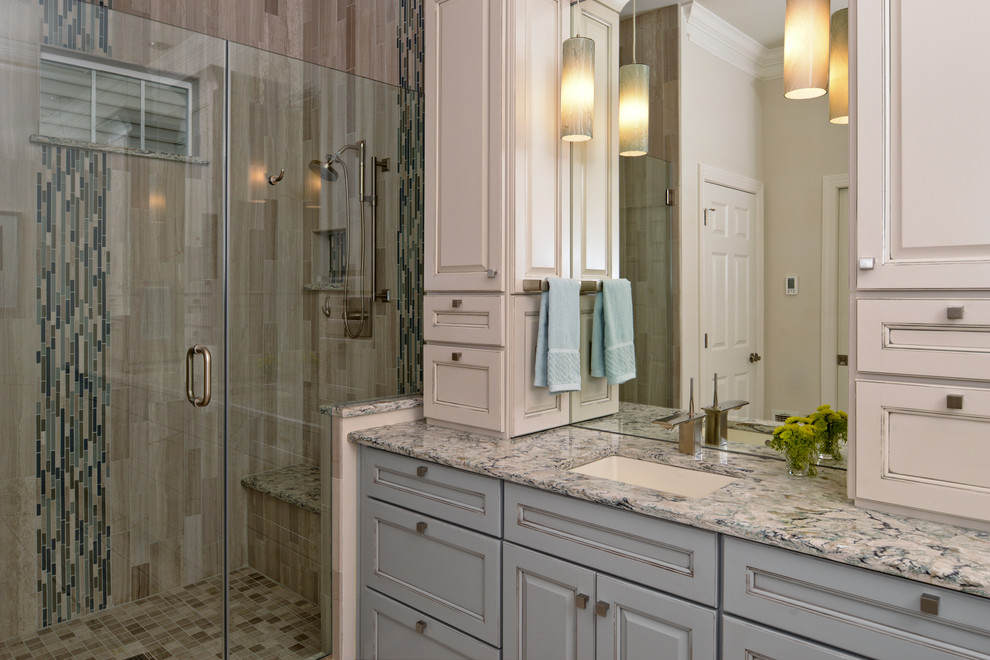 Mid-sized transitional master beige tile and ceramic tile ceramic tile alcove shower photo in DC Metro with a drop-in sink, white cabinets, granite countertops and white walls
