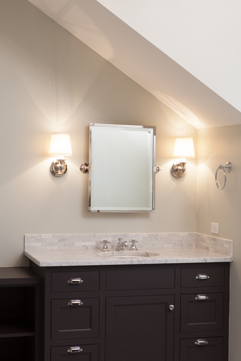 Bathroom - mid-sized transitional 3/4 bathroom idea in Orange County with shaker cabinets, dark wood cabinets, gray walls, an undermount sink and quartzite countertops