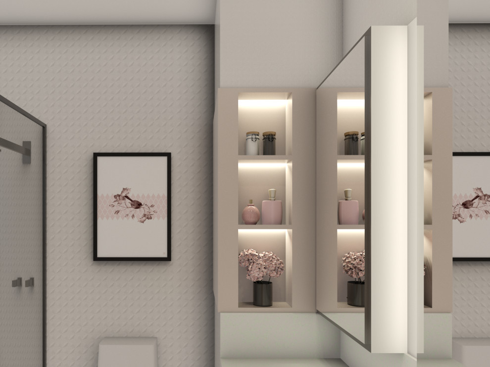 На фото: главная ванная комната среднего размера в современном стиле с фасадами с филенкой типа жалюзи, открытым душем, белой плиткой, розовыми стенами, полом из керамогранита, накладной раковиной, столешницей из кварцита, белым полом, душем с раздвижными дверями и белой столешницей с