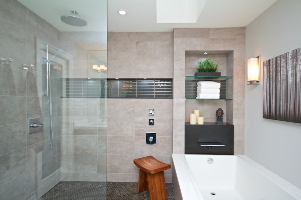 Bathroom - large contemporary master gray tile and ceramic tile ceramic tile bathroom idea in Toronto with an undermount sink, flat-panel cabinets, dark wood cabinets, quartz countertops, a two-piece toilet and gray walls