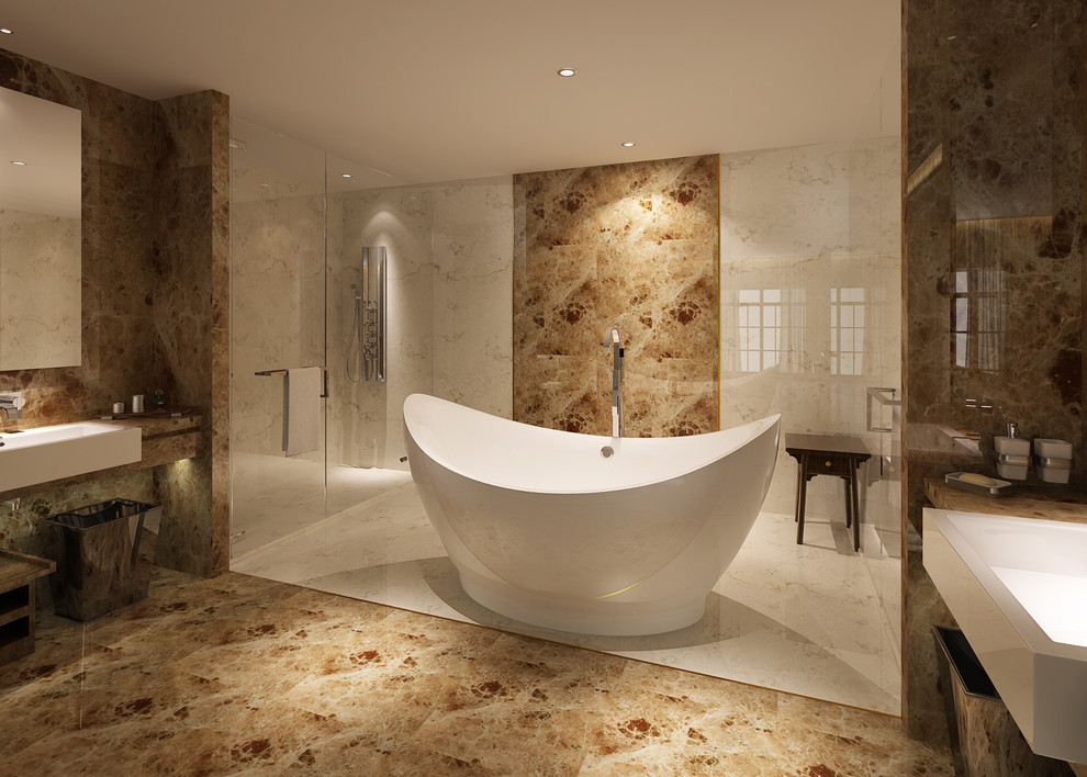 Idee per una stanza da bagno padronale minimalista con vasca freestanding