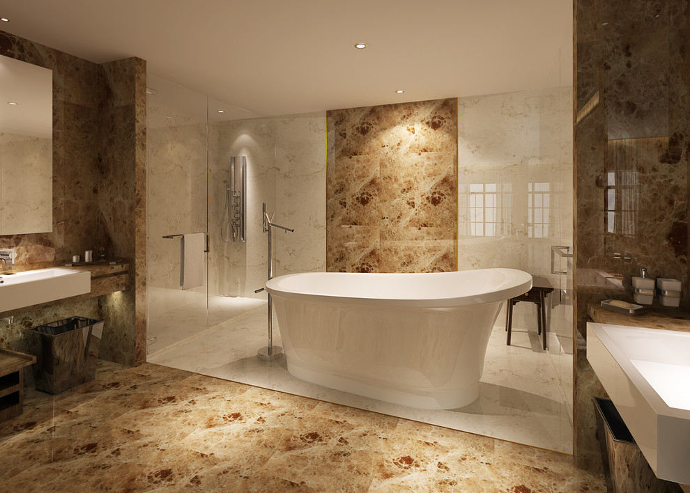 Inredning av ett modernt en-suite badrum, med ett fristående badkar