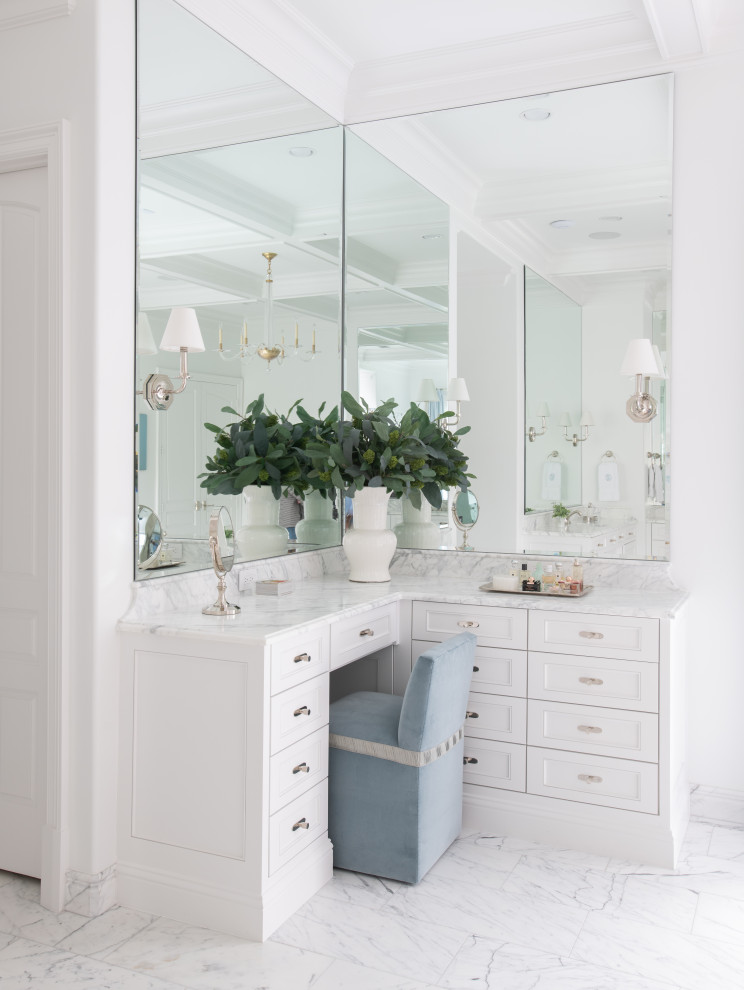Example of a huge classic master marble floor, white floor and coffered ceiling bathroom design in Dallas with shaker cabinets, white cabinets, white walls, marble countertops, white countertops and a built-in vanity
